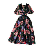 Summer V-Neck Print Chiffon Dress Women's Waist Thin Temperament Lotus Leaf Side Short Sleeves To Close The First Love Fairy Dress
