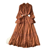 French Court Retro Elegant Dress Women's Collar Horn Sleeves To Close Single Buckle Lace Splicing Large Swing Dress