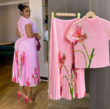 Miyaji Fashion Set Women's Summer French High-Grade Folding Print Short-Sleeved Top + Loose A Word 100-Fold Long Skirt