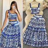 Blue And White Porcelain Printing Set Of Women In Summer Pure Desire To Bare Belt Slings Small Vest + High Waist Mid-Dress Skirt