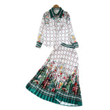 Fashion Suit Female Retro Color Print Bran Long-Sleeved Shirt + High-Waist A Word Half-Dress Skirt