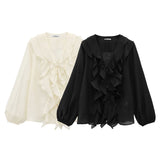 Outside 2025 Spring And Summer New Women's Fashion Casual Loose Laminated V-Neck Decorated Shirt