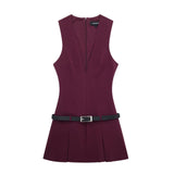 Women's Clothing 2025 Autumn And Winter New Waist Bandwidth V-Neck Sleeveless Checker Mini Dress