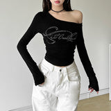 Fashion 2025 New Women's Clothing Sexy Hot Girl Slanted Shoulder Hot Diamond Body Slim Thin Irregular Top Woman