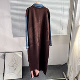 Autumn/Winter 2025 New Cowboy Splicing Knitted Two-Piece Collar Dress Flower Nails Decorated Long Dress Woman