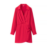 Side Wrinkled Dress 2025 Spring And Summer Shirt Style Long-Sleeved V-Neck High Waist Repair Short Mini Skirt