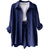 2025 Women's Wrinkle Collar Long-Sleeved Shirt High-Waisted Rope Shorts Fashion Casual Two-Piece Set