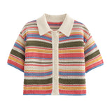 Z Autumn New Striped Printed Short Sleeve Clip Sleeve Casual Shorts Striped Knitted Sling Vests