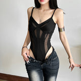 2025 Spring And Summer Women's New Solid Color Sexy Hottie V-Neck Mesh Splicing Repair Slim Thin Joint Clothes