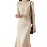 V-Necked Cashmeat Dress Women's Autumn And Winter New Set Long Sleeves Leisure Long A Dress Wool Knitted Long Dress