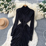Women's Fashion Dress 2025 Autumn Design Feeling Cross-Folded Slim Top-Cuffed And High-Necked Dress