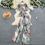 Lightly Mature Two Sets Of Women's Summer Dress Design Cross-Round Neckline Short-Sleeved Print Top High-Waisted Casual Broad-Legged Trousers