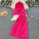 Extremely Simple Style Solid Temperament Suit Women's Spring Bubble Sleeve Strap Shirt + Tight Waist Slim Half Body Long Skirt