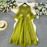 European Court Dress Female Design Tuxedo V Collar Long Three House Press Folding Horn Sleeve Dress Woman