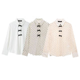 Velvet Bow Ornament Wave Point Printing Casual Shirt 2025 Spring And Summer Long-Sleeved Loose Women's Top