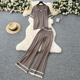 Korean Version Of Retro Fashion Collar Collar Short-Sleeved Knitting Top + High-Waisted Casual Broad-Legged Trousers 2025 Summer Set