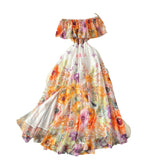 Sexy Holiday Style Shoulder Lotus Leaf Side To Receive Waist Temperament Long Swing Print Chiffon Dress