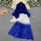 Miyajie Wrinkled Butterfly Sleeve Gradient With Shawl Short Coat Top + Gradient 100 Folded Skirt Two-Piece Suit