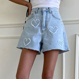 Sweet And Cute Hairy Heart Pattern Denim Shorts Women's Summer New High-Waisted Loose Thin Leg Shorts