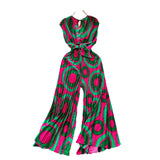 Vacation Ins Wear A Female Senior Sense Sleeveless V-Neck Tie Strap To The Belt Print Loose Broad Legs 100-Folded Jump-Fitting Trousers