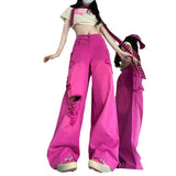 High Street Rose Red Ripped Jeans Women Summer Thin Dopamine Wearing Hot Girl Straight Broad Leg Pants