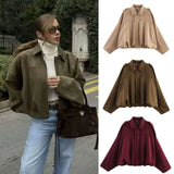 2025 Spring New Women's Fashion Army Green Velvet Effect Short Long Sleeve Epaulets Coat