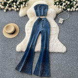 Fashion Hot Diamond Cowboy Suit Women's Summer Sleeveless Chest Vest + High-Waisted Denim Horn Trousers