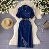 Light Luxury Famous Feudal High-Level Feeling Polo Collar Denim Dress Women Summer Fork Belt Design Niche Temperament Dress