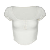 Fashion 2025 Summer New Short-Sleeved U-Neck Single Buckle Body Open Umbilled Solid Color T-Shirt Girl
