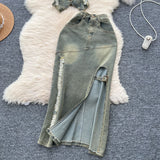 Vintage Water Wash To Make The Old Hanging Neck Sleeveless Collar Collar With Denim Top Two Sets Of Fork Repair Skirts