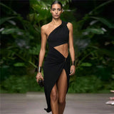 2025 Summer New Women's Fashion Slanted Single Shoulder Hollow Solid Color Draw Folded Waist Dress