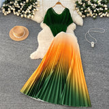 Three-House Folded Suit Women's Summer Design Feeling Shiny Short-Sleeved Top High Waist Gradient Color Bajamas Skirt