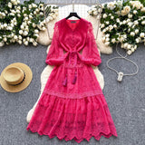 French High-End Elegant Dress Female Senior Sense Strap To The Waist Lantern Sleeve Embroidered Mesh A Word Over Knee Dress