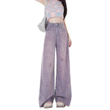 Pink Purple High-Waisted Broad-Legged Jeans Women's New Broken Hole Hair Fall Trousers In Summer 2025