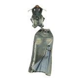 Vintage Water Wash To Make The Old Hanging Neck Sleeveless Collar Collar With Denim Top Two Sets Of Fork Repair Skirts