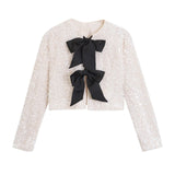 Women's 2025 Spring 2025 New V-Neck Bow Ornament Party Lien Slide Short Jacket Jacket
