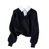 Sweater Autumn And Winter Splicing Women's Shirt Wear Design Niche Collar Loose Jaflage Shirt Fake Two