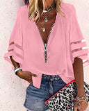 2025 New V-Neck Zipper Shirt Half-Horn Sleeve Grid Spliced Loose Casual Shirt For Women