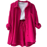 2025 Women's Wrinkle Collar Long-Sleeved Shirt High-Waisted Rope Shorts Fashion Casual Two-Piece Set