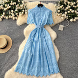 Noble Lady Dress 2025 Summer Waists Slim Collar Short-Sleeved Hollow Hook Embroidery Single Row Buckle Dress