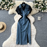 Light-Cooked Fashion Niche Fashion Heavyweight Diamond Lace Splicing Polo Collar Short Sleeves Denim Waist Dress Women's Summer Dress