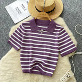 Short-Sleeved Knitted Women 2025 Summer South Korea Ins New Trendy Sleek Striped T-Shirt Women's Tops