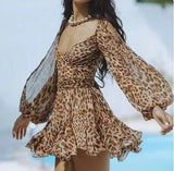 2025 Spring Women's Dress Sexy Hottie Skylit Lantern Sleeve V Collared Shoulder Dress
