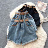 Belt And Waist Cowboy Broad-Legged Shorts Women Retro Niche High-Rise Thin Casual Hot Trousers
