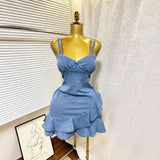 2025 Summer Elastic Waist Sexy Cowboy Sling Dress Lotus Side Ass Short Skirt Girl
