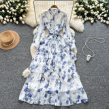 French Dress Women 2025 New Fashion Collar Single Buckle Waist Lace Splicing Lotle Side Print Dress