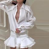 Spring 2025 Fashion Trend Women's New Collar V Collar Horn Sleeve Mesh Repair Dress