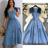 Design-Sensitive Large-Cuffless Vest Dress Women's Heart-Cuffed Long Retro Denim Dress Girl