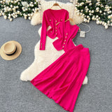 Small Fragrant Style Wears Women's Three-Piece Set Of Sleeveless Vest Metal Buckle Long-Sleeved Knitted Skirt