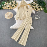 Fashion Three-Piece Women's Winter Casual Zipper Knitted Coat + Embroidered Vest + High-Waisted Wide Leggings